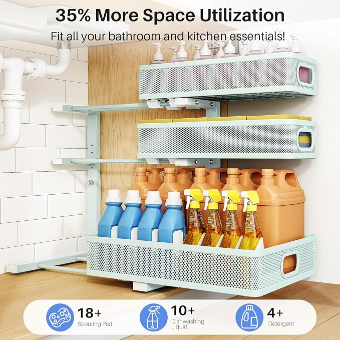 Under Sink Organizer, 3-Tier Thickened Metal Pull out Cabinet Organizer Shelf, Height Adjustable Slide out Storage Drawer Rack for Kitchen Bathroom Pantry Laundry Home, 1-Pack, LightBlue - Image 4
