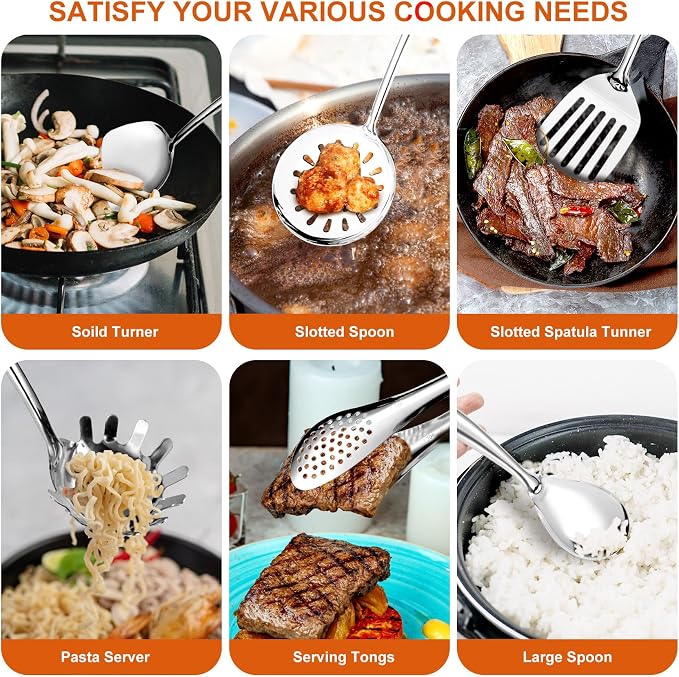 304 Stainless Steel Kitchen Utensils Set,11 Pcs Stainless Steel Cooking Utensils Set, Long Metal Cooking Utensil Gadgets Tools Set with Spatula, Spoon,Skimmer,Tongs etc (Dishwasher Safe) - Image 3