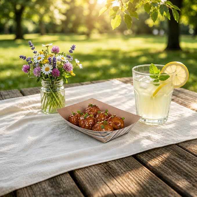 Restaurantware-Bio Tek 4 Ounce Paper Boats, 50 Disposable #25 Food Trays - PE Lining, Durable, Plaid Print Paper Food Baskets, For Concession Stands, Picnics, or Fairs - Image 4
