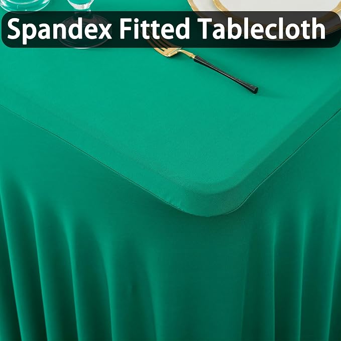 3 Pack Emerald Green Spandex Tablecloth for 8 Foot Rectangle Tables, Wrinkle Free Fitted Table Cloth Cover 8ft Green Stretchy Tablecloths with Skirt for Parties Weddings Birthday Banquet Baby Shower - Image 2