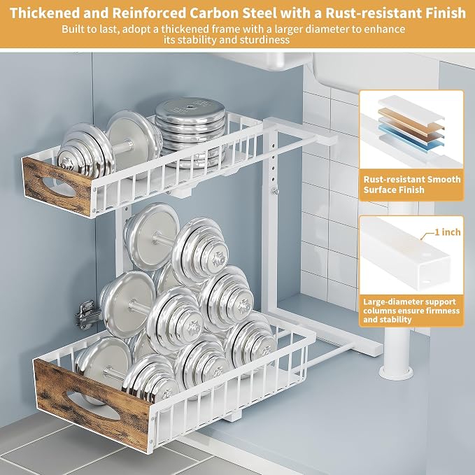 2 Pack Metal Under Sink Organizer with Sliding Drawer, White - Image 3