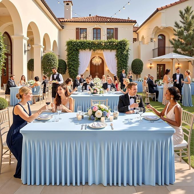 CO-AVE 6pack Dusty Blue Spandex Tablecloths 8ft for Rectangle Tables, Wrinkle Free Classy Table Skirt Stretchy 8 Foot Fitted Table Cloths Covers for Weddings Birthday Party Events Banquet Baby Shower - Image 7