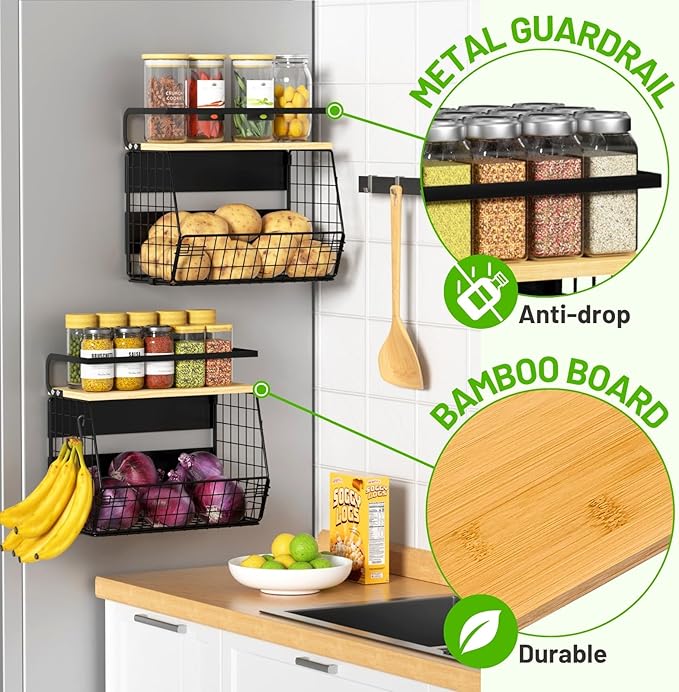 2 Set Magnetic Shelf for Refrigerator with Wood Lid, Fruit Potato & Onion Storage Bins, Pantry Organizers & Storage, Large Container Magnetic Spice Rack for Refrigerator, Kitchen Counter, Cabinet | Strong magnet holds 50lbs, ventilated bin for produce,... - Image 5