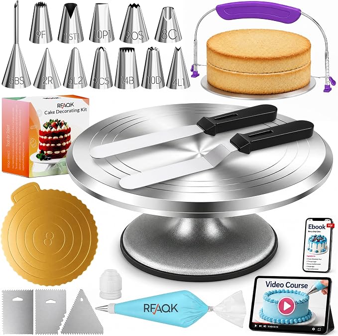 RFAQK 50PCs Cake Decorating Supplies Kit with 12" Aluminum Rotating Cake Turntable Stand, Professional Leveler, Straight & Offset Spatulas, 12 Numbered Icing Tips & Bags by RFAQK