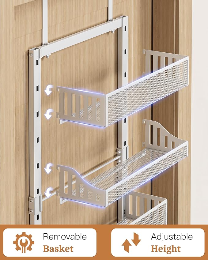 POKIPO Over the Door Pantry Organizer 8-Tier, Large Metal Door Spice Rack with Adjustable Basket, 2 in 1 Wall Mount or Hanging Heavy-Duty Pantry Door Storage Shelf for Kitchen and Bathroom, White - Image 5
