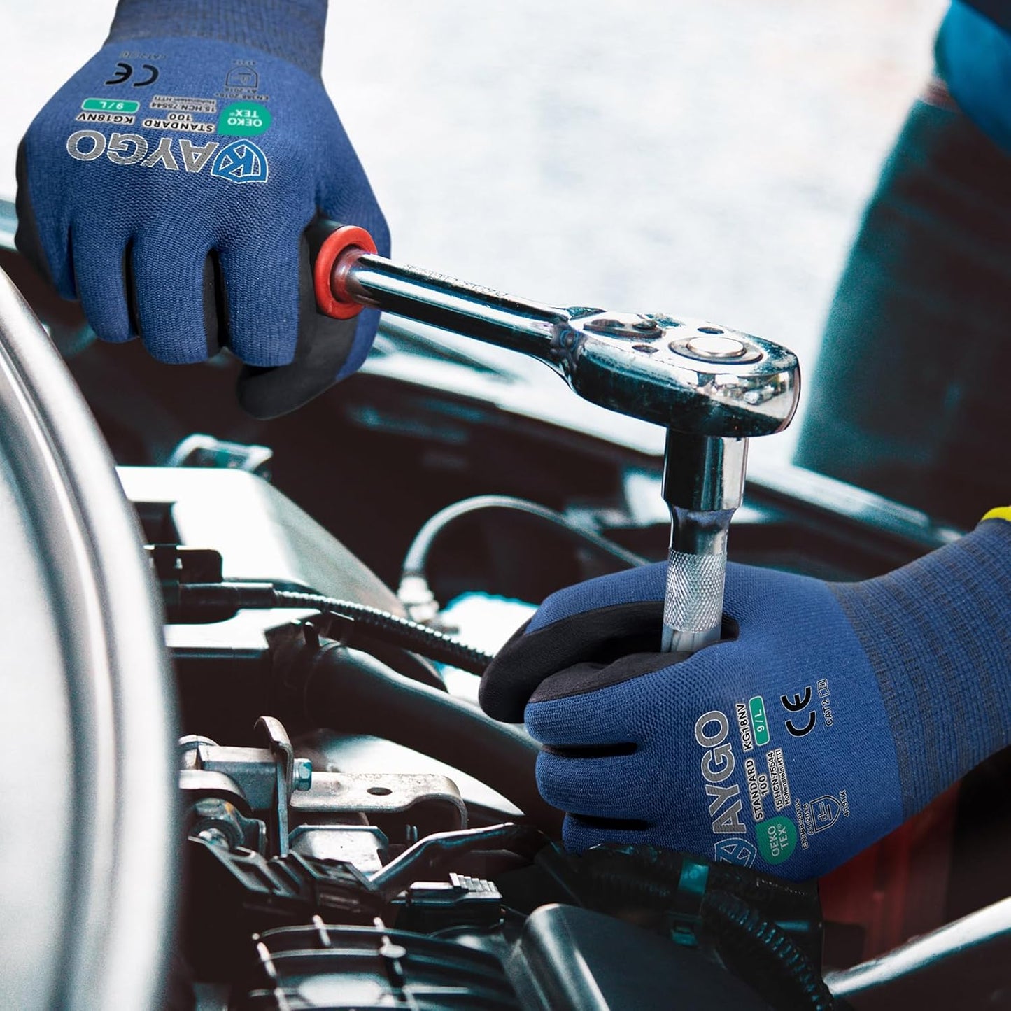 KAYGO Safety Work Gloves MicroFoam Nitrile Coated, 3 Pairs KG18NB,Seamless Knit Nylon Glove for Men and Women, Ideal for Automotive,Warehouse,Construction (L, Dark Blue)