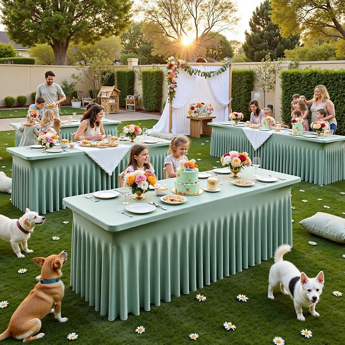 NSSONBEN 2 pk Sage Green Spandex Tablecloth for 8 Foot Rectangle Tables,Wrinkle Free Fitted Spandex Table Covers 8ft Stretch Table Cloths with Ruffle Skirt for Parties Weddings Banquet Baby Shower - Image 9