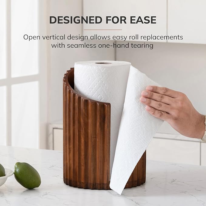 Anji Mountain Wooden Paper Towel Holder with Metal Holder, Holder Stand for Kitchen Roll Organizer & Kitchen Dining Table Home Décor, Countertop Fits Jumbo & Mega Rolls - Walnut/Black, Fluted - Image 5