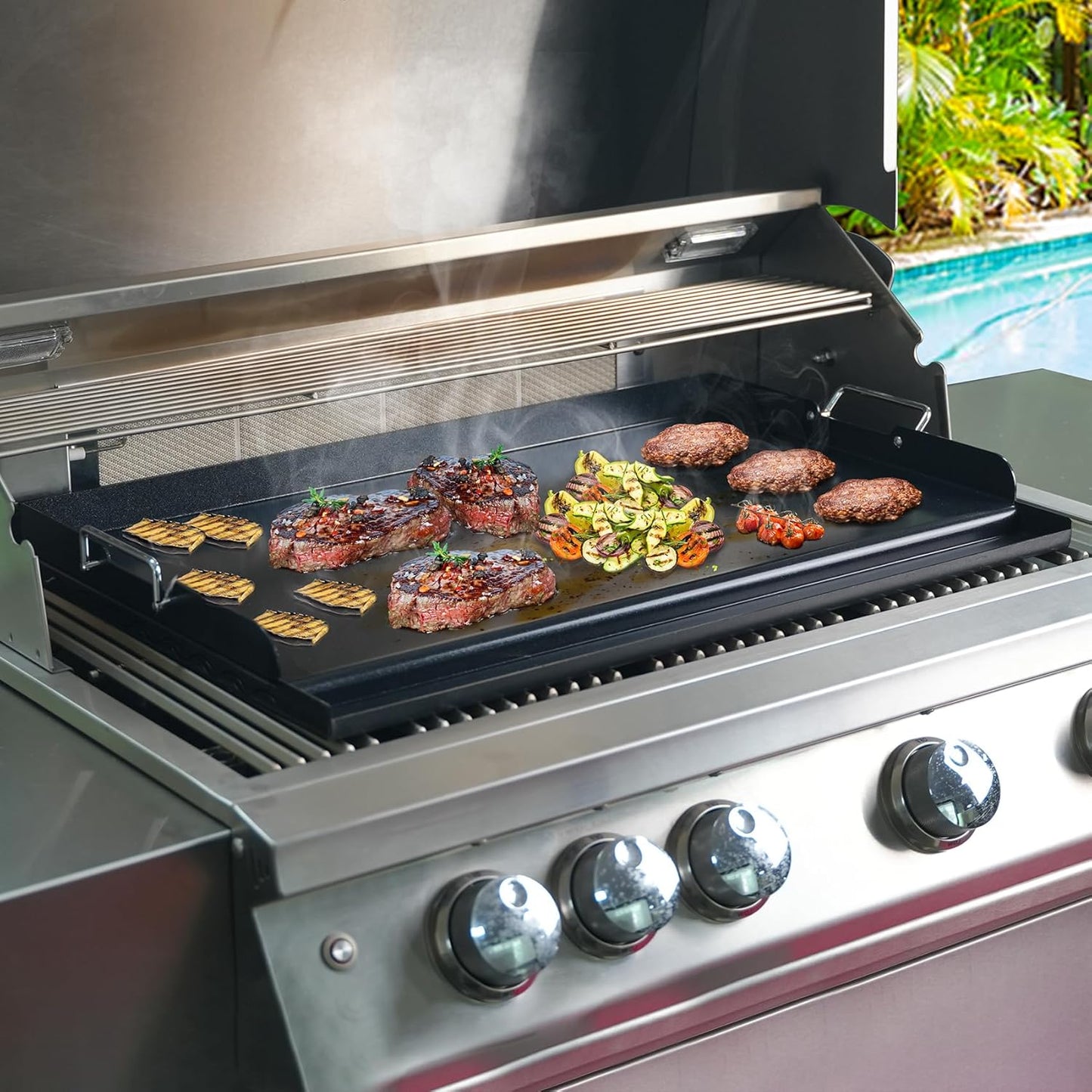 Skyflame Nonstick Griddle Top for Gas Grill, 25"x16" Large Cooking Area Flat Top Griddle with Grease Groove and High Sidewalls, Fit for Camping, Tailgating, Parties