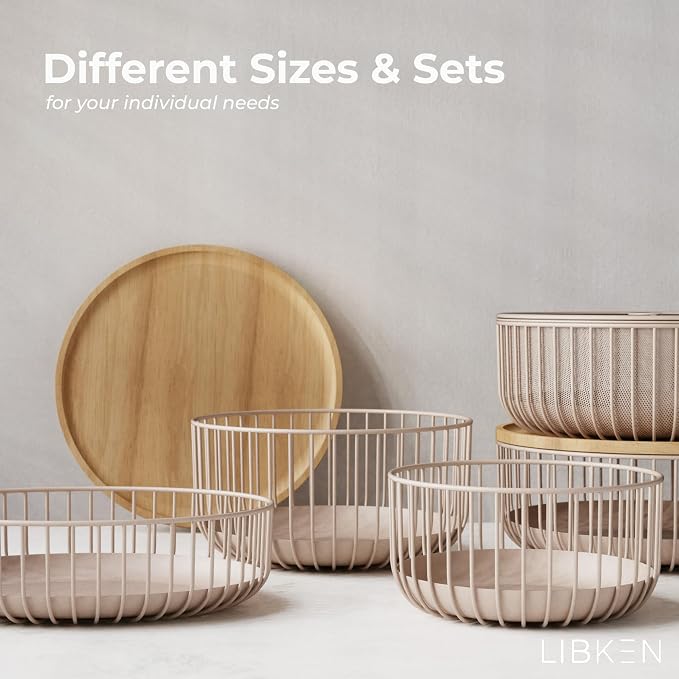 LIBKEN Metal Fruit Bowl Basket with Wooden Lid - Fruit and Vegetable Holder For Kitchen Counter - Countertop Display Baskets Organizer - Bowl Storage for Veggie, Fruits, Snack, and Banana - Peach - Image 6