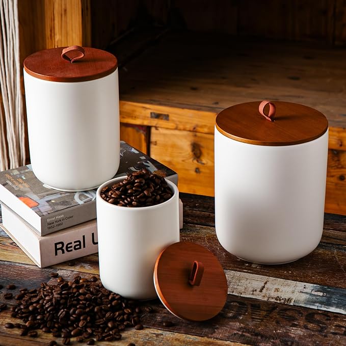 JOJUNO White Ceramic Canister 3 Piece with Airtight Bamboo Lid - Image 6