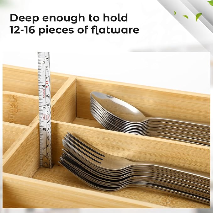 Fabsome Silverware Organizer for Kitchen Drawers, 2.5'' Deep 18.8'' Wide Bamboo Wood Flatware Tray with Deep Slots for Large Cutlery Utensil Drawer - Image 3