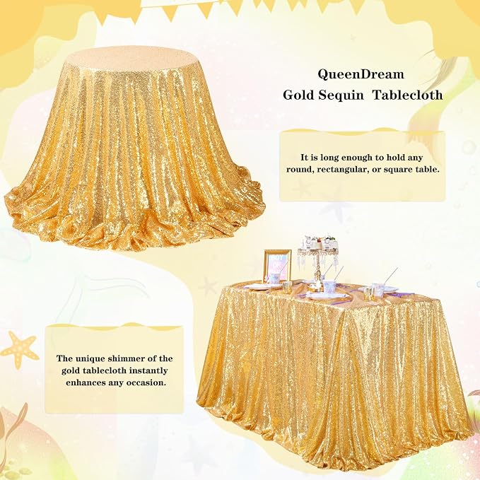 QueenDream Gold Table Cloth Party Decorations: Sequin Fabric 90x90 Inch - Image 3