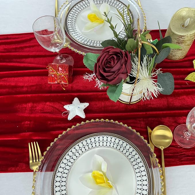 Luxurious Velvet Table Runner, 10ft Wedding Reception Decorations, 20x120inch Soft Velvet Fabric, Table Linen Overlay, Wedding Table Runners (Red, 20X120inch) - Image 3