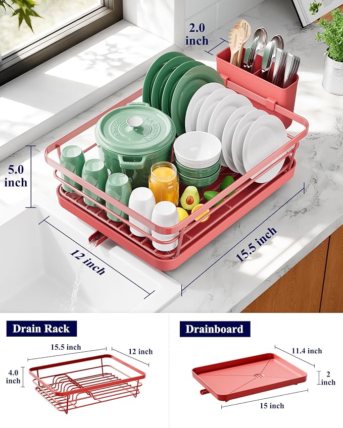 Kitsure Dish Drying Rack for Kitchen Counter, 12''W x 15.5''L, Red - Image 2