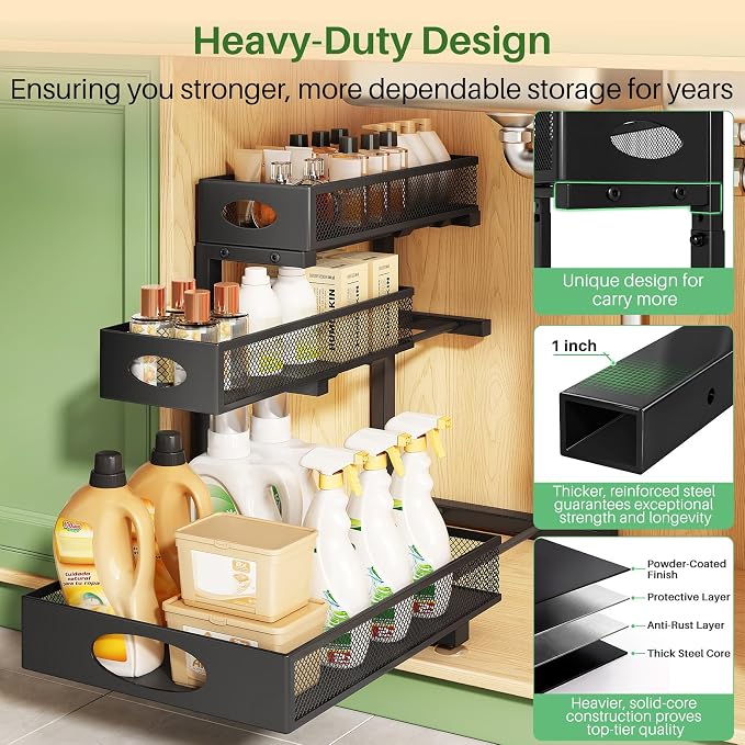Kitstorack Under Sink Organizer 3-Tier Slide Out Drawer 2-Pack Black - Image 6