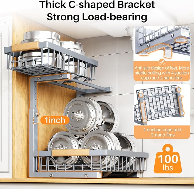 PXRACK Under Sink Organizer, Adjustable Height, 2 Tier Pull Out Under Cabinet Organizer, Slide Out Thickened Metal Under Sink Storage for Kitchen Bathroom Laundry Pantry Cabinet, Grey, Large-1-Pack - Image 6