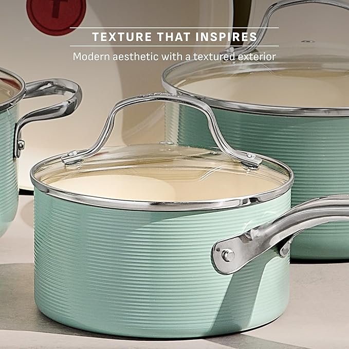 T-Fal Inspire Nonstick Cookware Set, 10-Piece, Oven Safe to 500°F, Stockpot, Ceramic Pots and Pans Set, Frying Pans, Saucepans, Protectors, Mint Green - Image 4