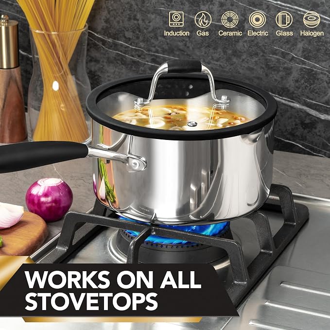 MICHELANGELO Triply Stainless Steel Saucepan Set with Strainer Lid, Heavy-duty Sauce Pan with Lid, Multipurpose Sauce Pot Induction Compatible - 1QT & 2QT & 3QT - Image 6