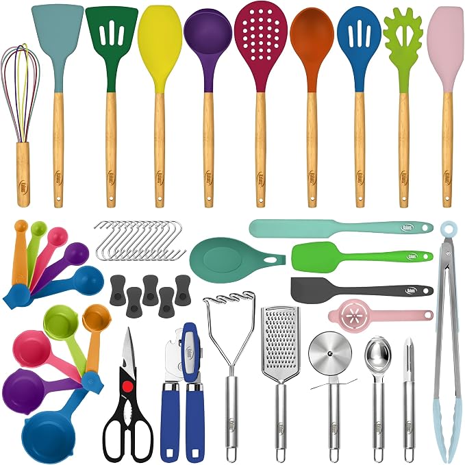 Kaluns 50 PCS Silicone Kitchen Utensils Set Complete Kitchen Set - 800°F Heat Resistant Non-Stick Premium Silicone Cooking Utensils W Wooden Handles - Can Opener, Masher, Turner, Silicone Spatula Set - Image 9