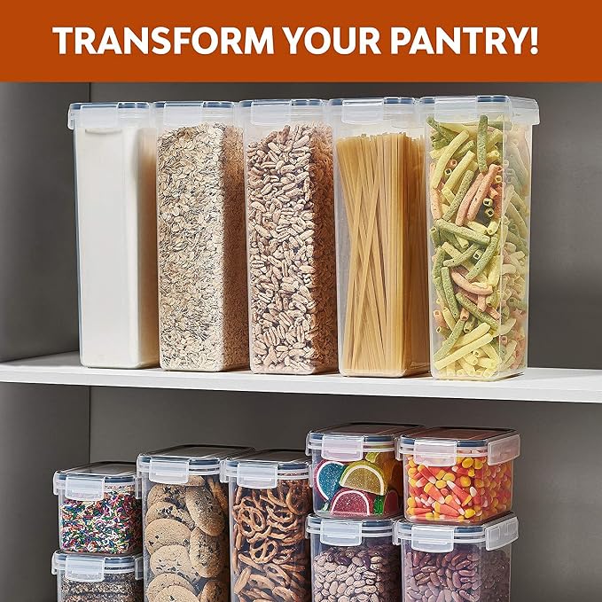 24 Pack Airtight Food Storage Container Set - BPA Free Clear Plastic Kitchen and Pantry Organization Canisters with Durable Lids for Cereal, Dry Food Flour & Sugar - Labels, Marker & Spoon Set - Image 8