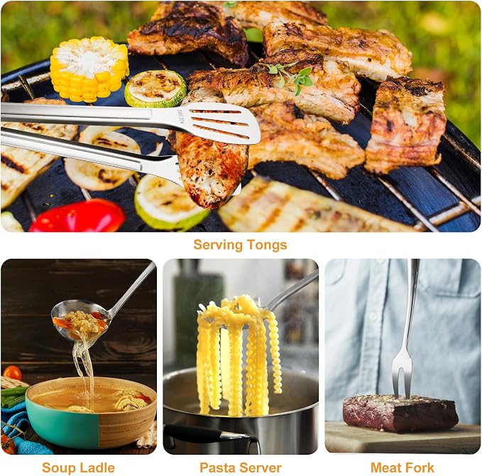 304 Stainless Steel Kitchen Utensils Set, 11 PCS Metal Cooking Utensils Set with Spatula, Spoon, Ladle, Skimmer, Turner, Pasta Server, Tongs - Image 5