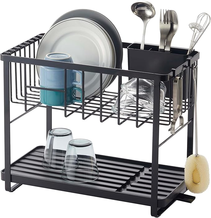 YAMAZAKI Home Tower Two-Tier Adjustable Dish Drainer Rack, Compact Drying Rack with Hooks, Utensils Holder - Steel - by Unknown