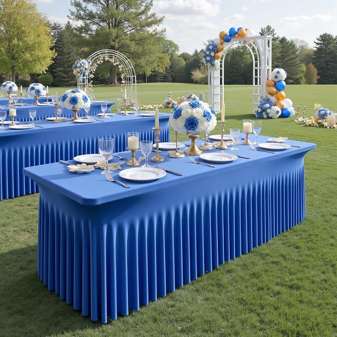 NSSONBEN 6 pk Royal Blue Spandex Tablecloths 6ft, Wrinkle Free High Stretch Fitted Table Cloths for 6 Foot Rectangle Tables, Ruffle Skirt Spandex Table Covers 6ft for Party Wedding Banquet - Image 3