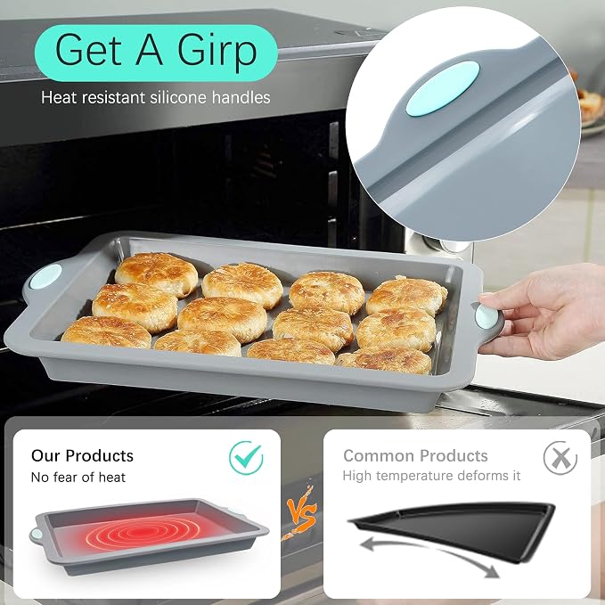 To encounter Silicone Baking Pans Set, 4 Pieces Nonstick Bakeware Set with Baking Pans, Baking Sheets, Cookie Sheets, Cake Pan with Grips and Metal Reinforced Frame More Strength, Light Grey - Image 3