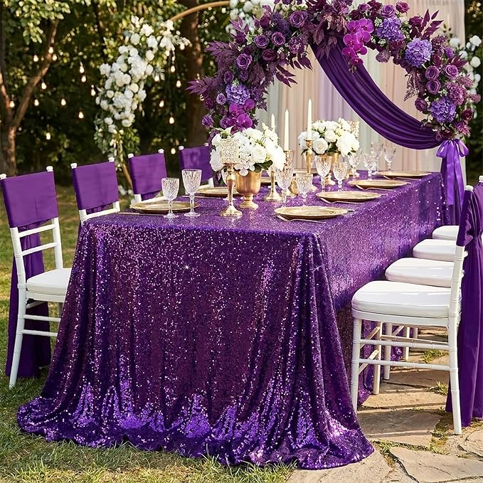 Rectangle Sequin Tablecloth 90x156 Inch Glitter Purple Party Tablecloth by QueenDream