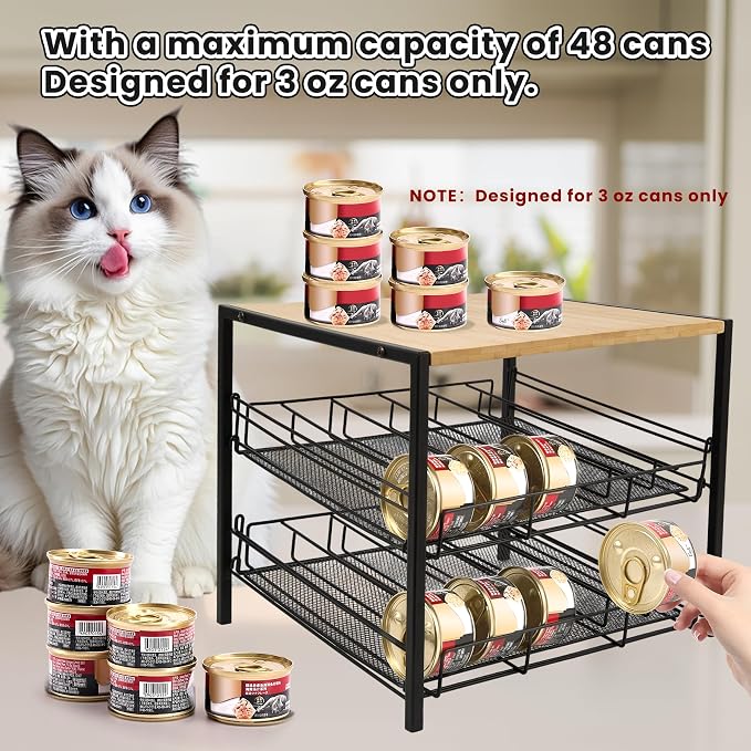 Bamboo & Iron Cat Food Organizer, 2-Tier Stackable Rack Holds 48 Cans 3oz | FIFO auto slide-down,Flat top storage, Organizes pantry & pet food cans - Image 6