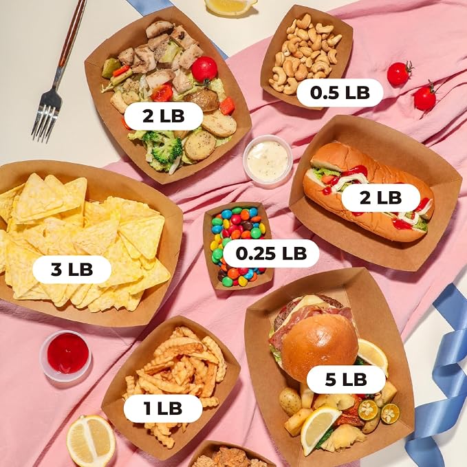 Fit Meal Prep [250 Pack 5 lb Paper Food Boats Heavy Duty Disposable Food Trays, Kraft Brown Nacho Tray for Parties Fairs Picnics Carnivals Holds Tacos Nachos Fries Hot Dogs Grease Resistant - Image 3