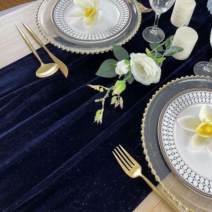 Luxurious Velvet Table Runner, 10ft Wedding Reception Decorations, 20x120inch Soft Velvet Fabric, Table Linen Overlay, Wedding Table Runners (Navy Blue, 20X120inch) - Image 6