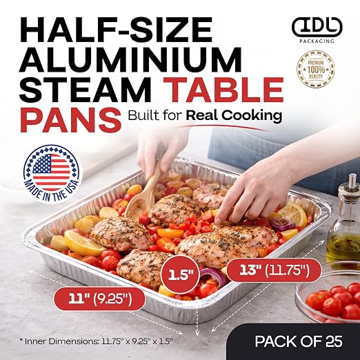IDL Packaging Half-Size Aluminum Steam Table Pans - Shallow, 13" x 11" x 1.5" (pack of 25) - Disposable Foil Pan for Grilling, Roasting, BBQ, Cooking, Baking, Freezing - Image 2