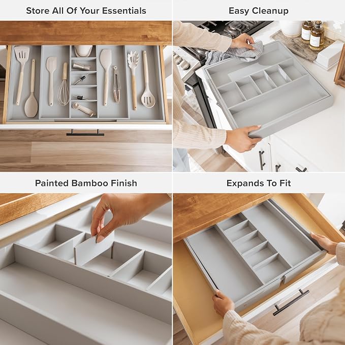 KitchenEdge Utensil & Junk Drawer Organizer, 19-33 in, Gray Bamboo | Food-safe contract grade, 100% sustainable wood, non-slip, adjustable - Image 3