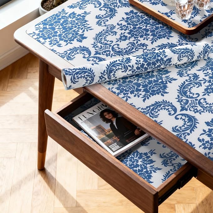 RAY STAR 12" x 10 Ft Shelf Liner for Kitchen Cabinets, Non-Adhesive Cabinet Liner Washable, Drawer Liner for Dresser Non-Slip Bathroom [Blue Damask] by RAYSTAR