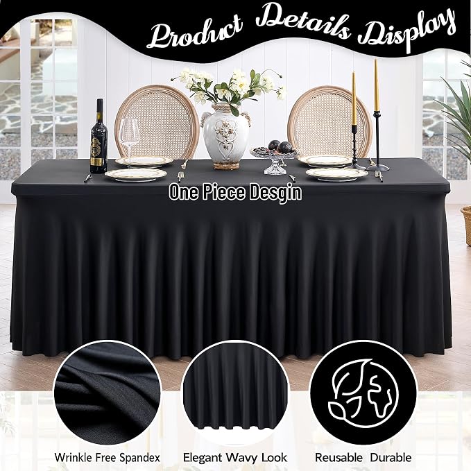 Spandex Tablecloth 8FT Rectangle Table Cover 6 Pack Black Wrinkle-Free - Image 3