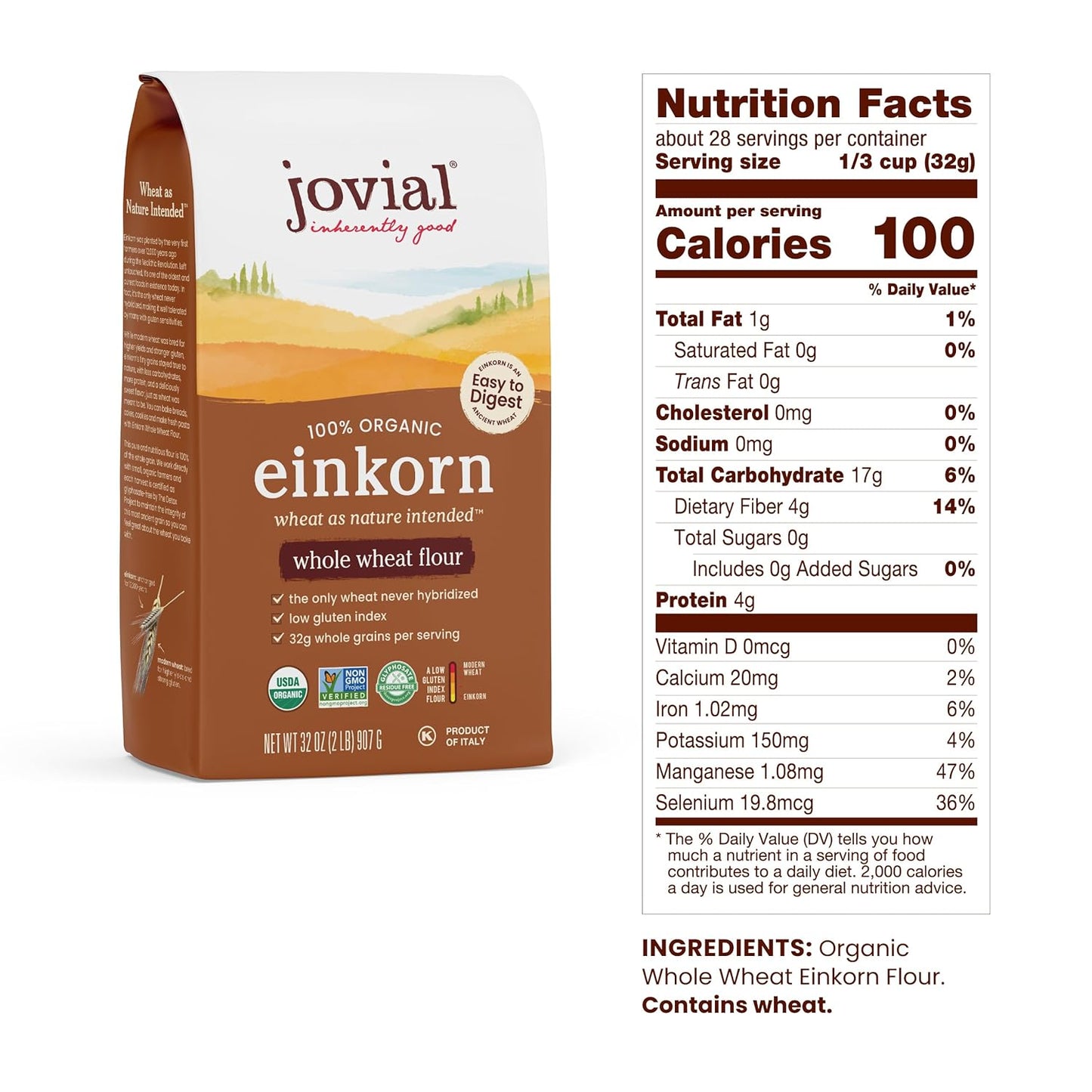 Jovial Organic Einkorn Whole Wheat Flour - Bread Baking Flour for Sourdough, High Protein, Non-GMO, Organic Pizza & Pasta Flour, European Italian Flour, Glyphosate Free - 32 Oz, 3 Pack