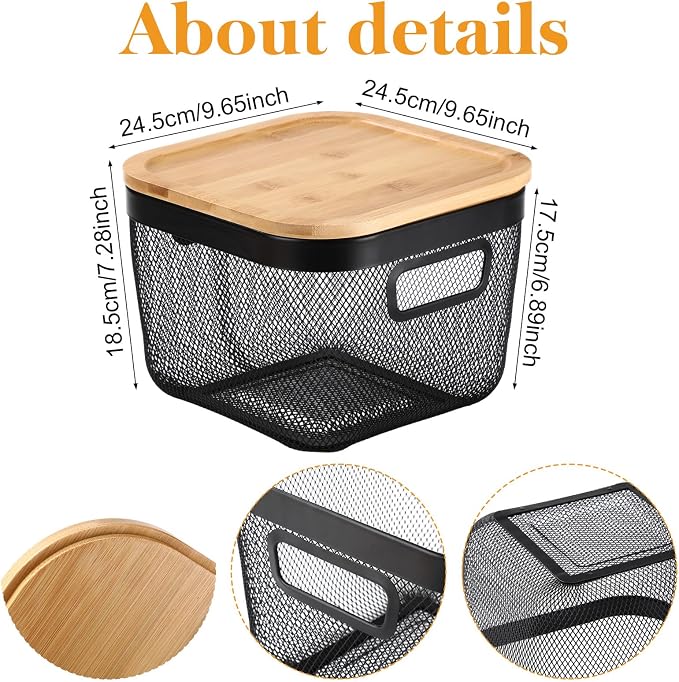 Maxdot 4 Pack Stackable Wire Baskets for Pantry Organizers Kitchen Storage Metal Baskets with Bamboo Lids 10"x10"x7" Vegetable Fruit Basket Produce Potato Onion Storage Bin for Kitchen Countertop - Image 2