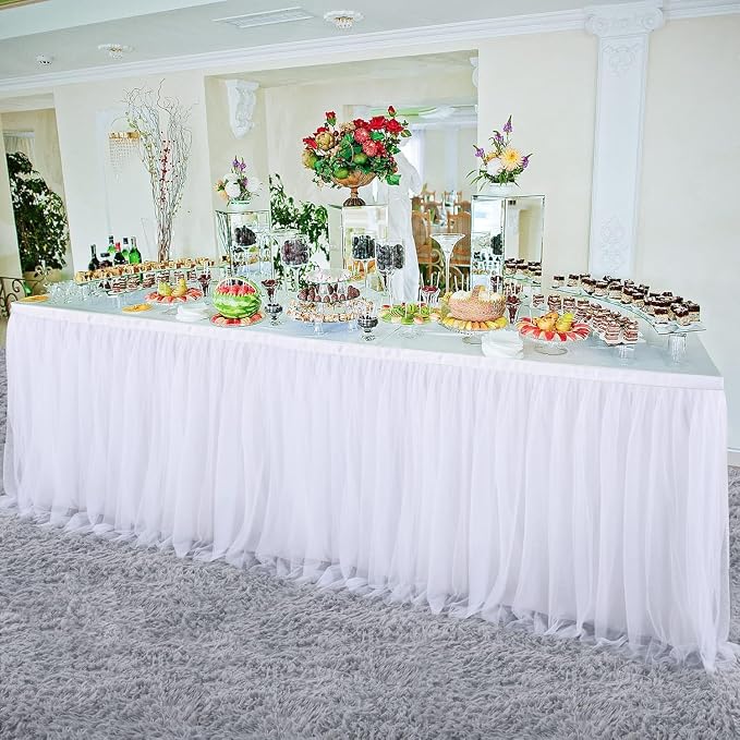 204in White Tulle Table Skirts for Rectangle Tables 6ft 8ft, 2-Layer Gold Grim Ruffle Tulle Tutu Cloth Table Skirt 17ft Long for Wedding Birthday Party Baby Shower Cake Dessert Tables(No Table Cover) - Image 6