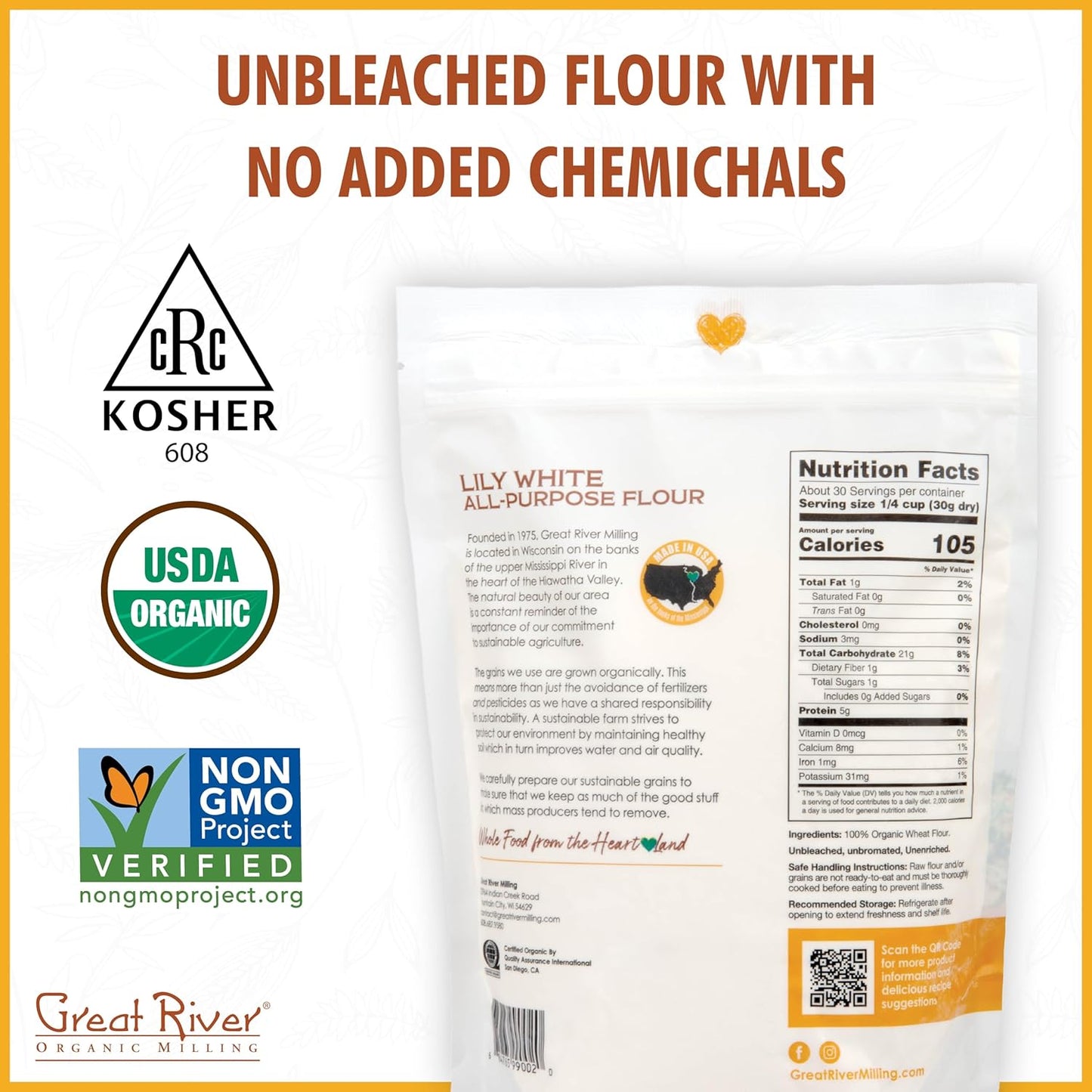 Great River Organic Milling Lily White Organic All-Purpose Flour | Unbleached & Unbromated | Non-GMO, Kosher | Ideal for Bread, Cookies, Cakes, Pizza Dough & Everyday Baking | 2 Lb (Pack of 4)