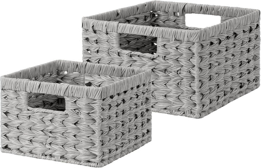 GRANNY SAYS Wicker Baskets for Organizing, Storage Basket for Shelves, Square Shelf Baskets with Handles, Waterproof Woven Basket for Living Room, Baskets for Entryway, Grey