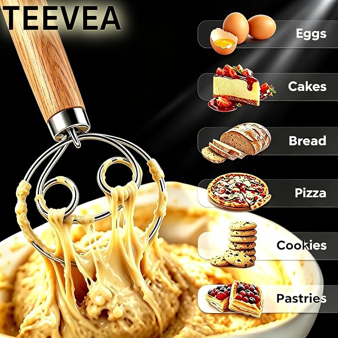 TEEVEA Danish Dough Whisk Stainless Steel Wooden Handle for Sourdough Bread | 4-Loop, Replaces Bread Spoon, Dough Hook and Hand Mixer, Rust Resistant, Heavy Duty Build, Easy Clean, Multi Use Baking Tool - Image 2