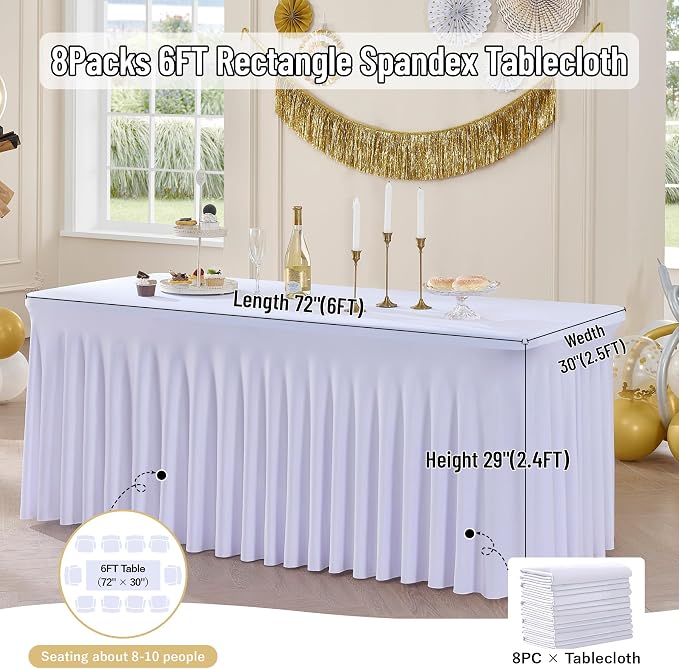 leegleri 8 Pack White Spandex Table Cloths for 6 Foot Rectangle Tables, Wrinkle Free Fitted Table Covers 6ft Stretch Tablecloths with Desk Skirt for Banquet Weddings Parties - Image 4