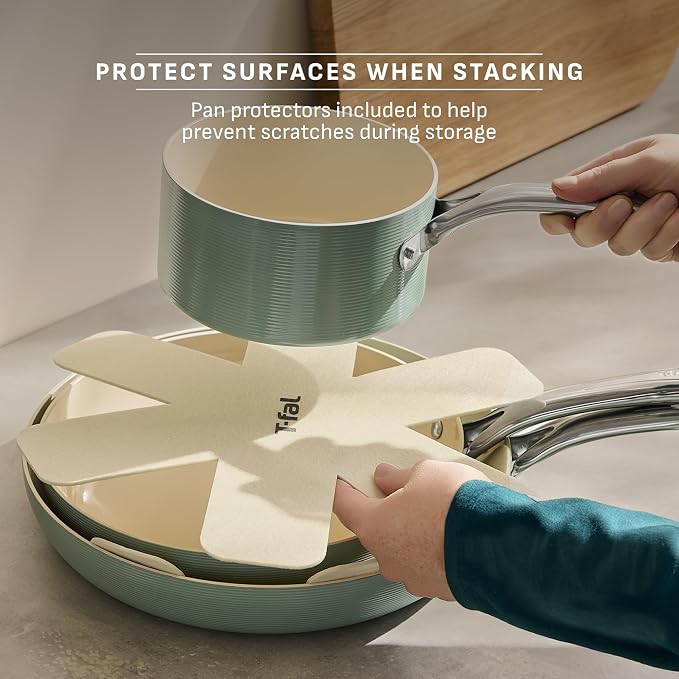 T-Fal Inspire Nonstick Cookware Set, 10-Piece, Oven Safe to 500°F, Stockpot, Ceramic Pots and Pans Set, Frying Pans, Saucepans, Protectors, Mint Green - Image 8