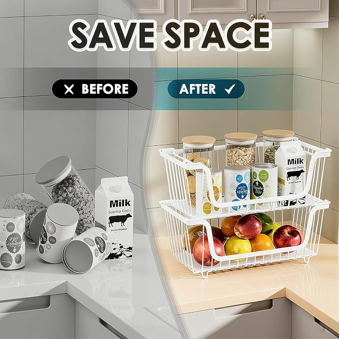 GAOKASE 4 Pcs Stackable Wire Baskets for Pantry Organizers and Storage, | Vegetable Fruit Basket for Countertop,Kitchen Storage Metal Baskets,Produce Potato Onion Storage Bin,White - Image 5