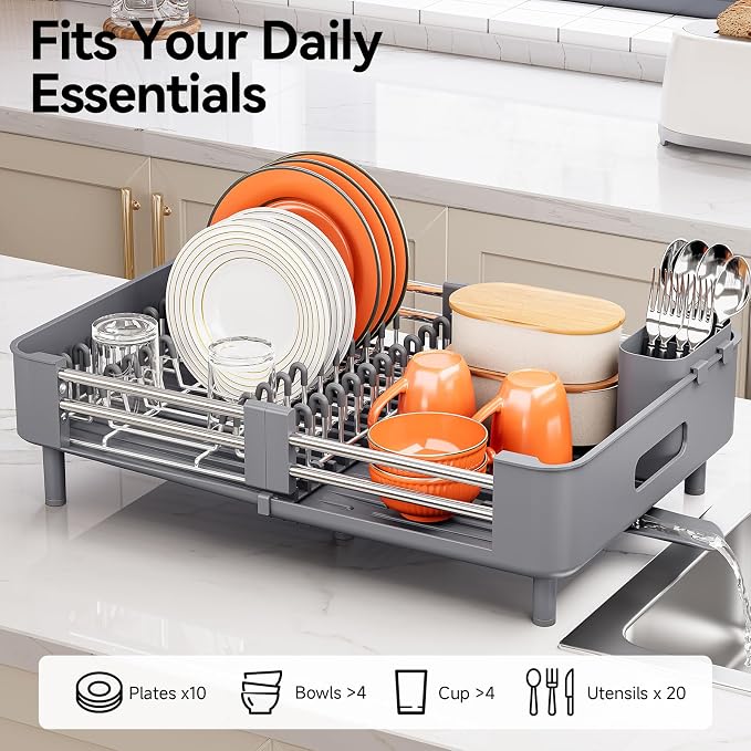 Urackify Extendable Stainless Dish Drying Rack for Kitchen Counter, Gray - Image 2