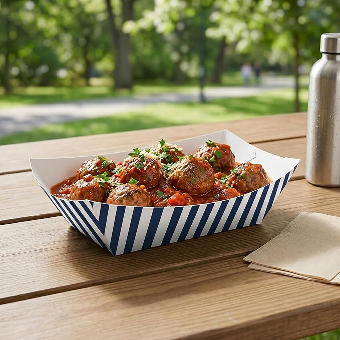 Restaurantware-Bio Tek 1 Pound Food Trays, 50 Disposable Paper Food Trays - Heavy-Duty, Greaseproof, Striped Paper Food Boats, for Snacks, Appetizers, Or Treats, Use At Parties Or Carnivals - Image 3