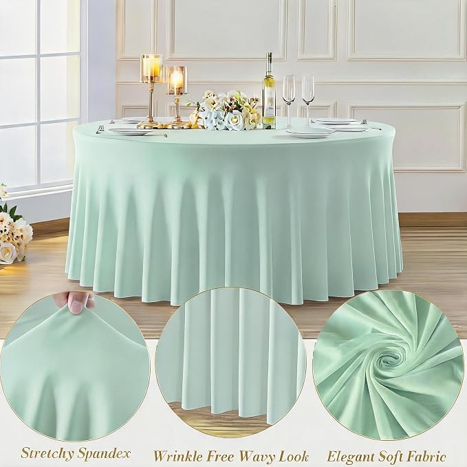 10 Pack Ivory Green Round Spandex Tablecloths for 60in Tables, 120 Inch Stretch Fitted Table Skirts, Wrinkle-Free Washable Polyester Covers for Wedding, Banquet & Party - Image 2