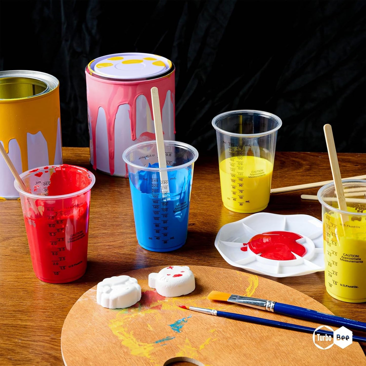 Turbo Bee Plastic Measuring Cups 8OZ,100 PACK Disposable Mixing Cups with 100 Mixing Sticks,Paint Graduated Measuring Tumblers for Epoxy Resin, Paint Mixing, Art DIY